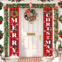 Kerstdecoratiestukken met banners, vrolijk kerstbord voor op de veranda, kerstdecoratie voor op de deur, rode hangende banners, kerstbanners, bord voo