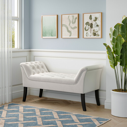 Living And Home Creamy-white Armed Velvet Buttoned Bed Bench 1