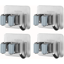 4 pezzi Porta scopa a parete, Scope a parete in acciaio inox autoadesivo SUS304 con ganci, Porta mocio per bagno, cucina, giardino, balcone, ufficio (
