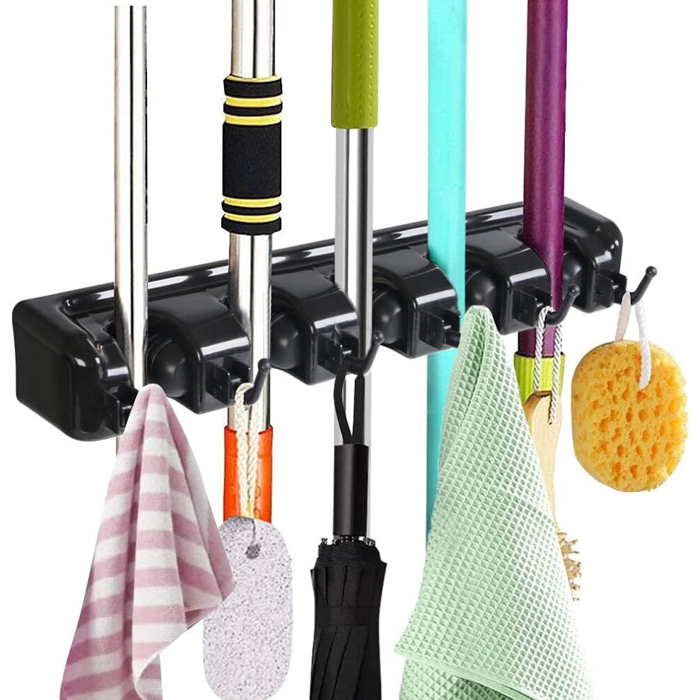 Support de balai mural multifonctionnel, support de rangement avec 5 fentes et 6 crochets pour votre cuisine, garage, buanderie - Tournevis gratuit
