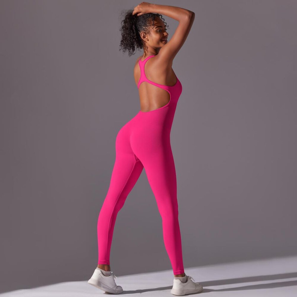 (M, rose) Nessaj One Piece Fitness Jumpsuits Women Solid Color Bodysuit Seamless Playsuit Backless Yoga Sportswear