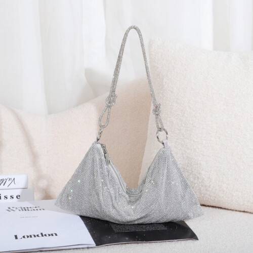 Borsa da sera con manici a nodo da donna, strass, argento