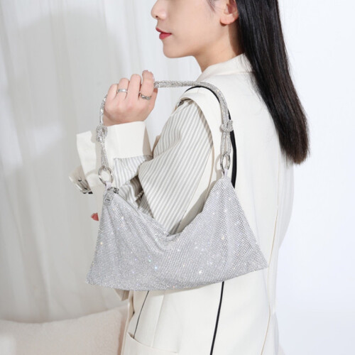 Borsa da sera con manici a nodo da donna, strass, argento 1
