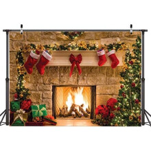 Fondo de 8 x 6 pies con dise?o de feliz Navidad, ?rbol, calcet?n, regalo, decoraciones para fiestas familiares, fondos con tema de chimenea de Navidad