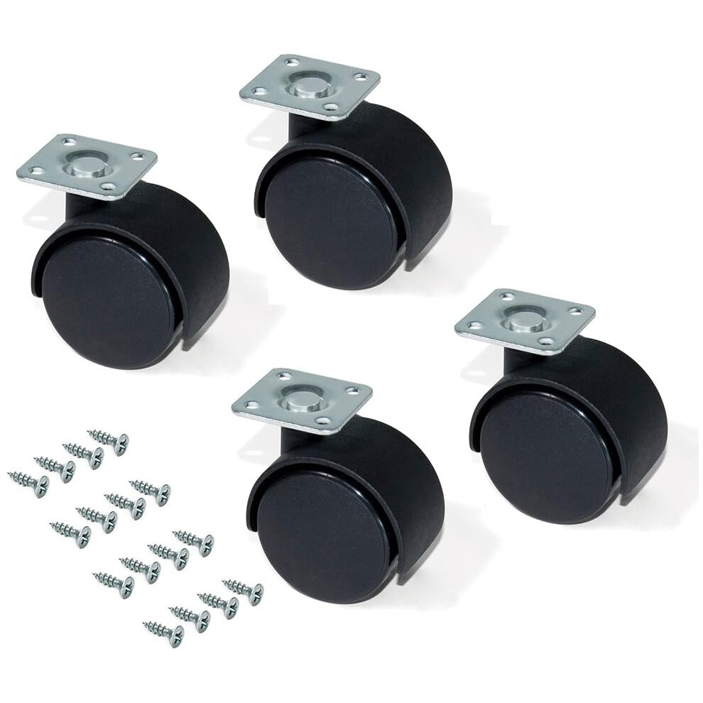 Set Of 4 Black Swivel Castors For Furniture Without Brakes, Diameter 40 Mm, With Screw-On Plate And Ball Bearing 6932766537176