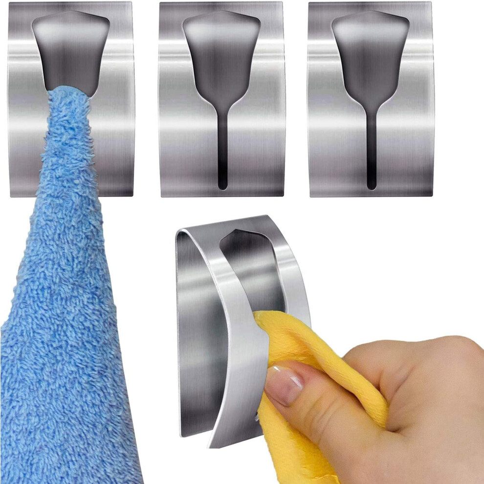 4 piece towel holder bathroom and kitchen, tea towel holder without drilling, towel clamp self-adhesive wall hook, brushed stainless steel
