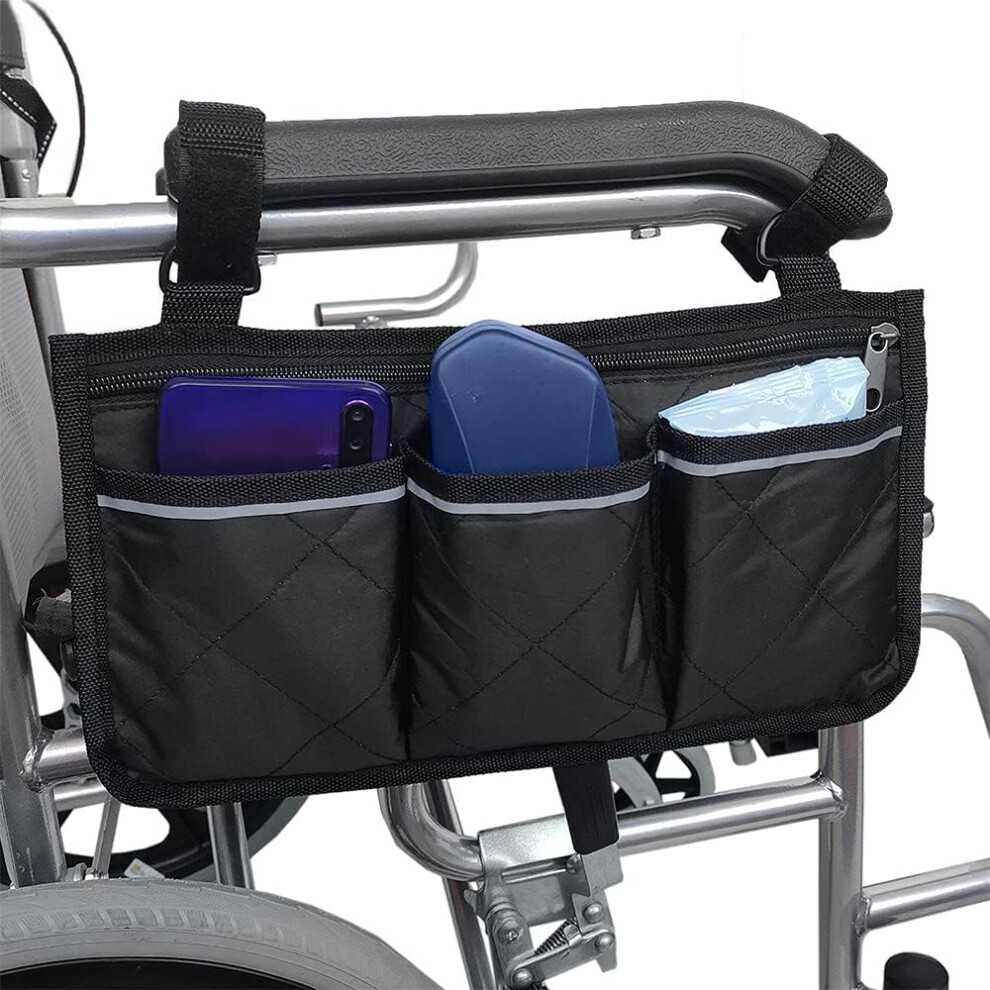 Lifeasy Wheelchair Armrest Bag - Waterproof Portable Scooter Bag With 4 Reflective Compartments For Wheelchair Handles, Black