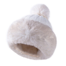 Women's Winter Faux Fur Knitted Beanie Hat with Pom Russian Pompom Cap White