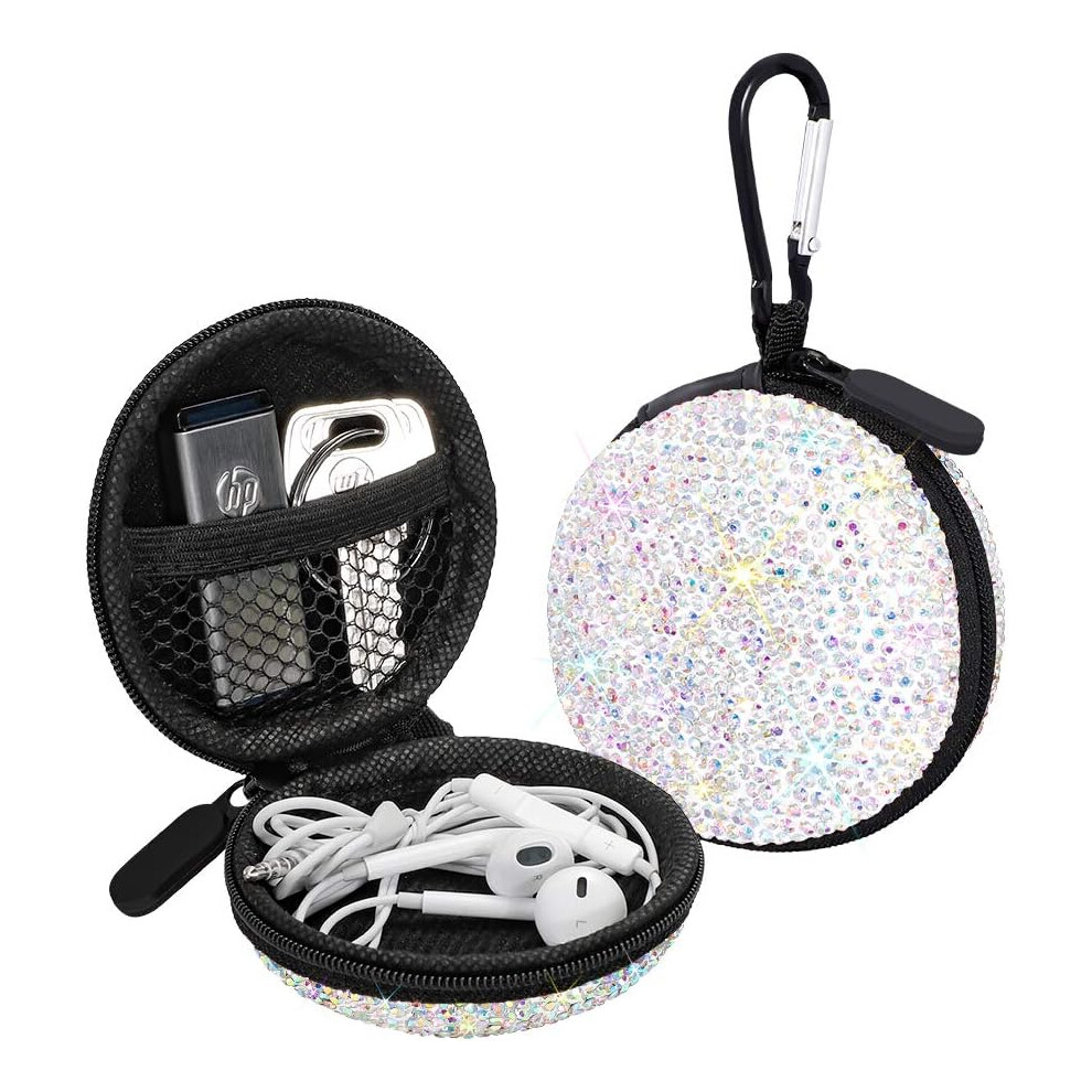 Earphone Case Earbuds Small Carrying Cases Bling Rhinestone Crystal Portable Headset Organizer Storage Pouch Bag With Carabiner (Ab Color) 6932766540541