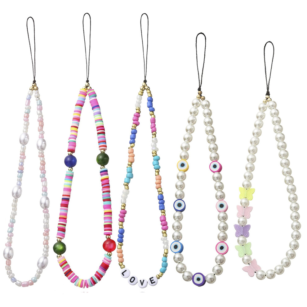5Pcs Beaded Phone Cord Wrist Strap Beaded Phone Charm Bead Rainbow Color Beaded Phone Chain Strap For Women Girls (Style 2) 6932766541289