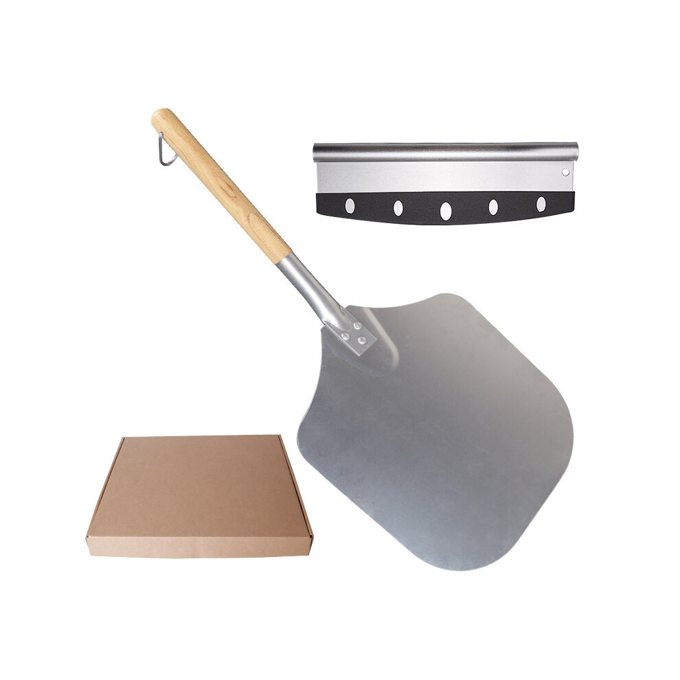 (35 cm, naturel/argent) Spatule à pizza + coupe-pizza, aluminium, manche en bois, spatule professionnelle pour le four