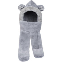 Conjunto de gorro y bufanda 3 en 1 para ni?os (gris y azul) y guantes, bonito gorro de felpa de invierno con orejas de oso, gorro de primavera e invie