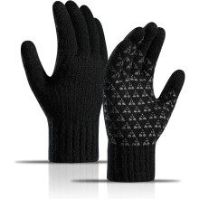 1 paar zwarte gebreide warme winterhandschoenen, touchscreen antisliphandschoenen, thermische fleecevoering voor mannen en vrouwen, hardlopen, fietsen