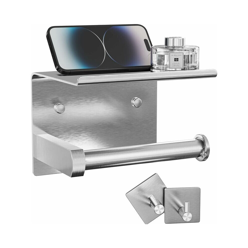 Toilet Paper Holder with Phone Shelf + Robe Hooks, Adhesive or Screw Toilet Roll Holder, Stainless Steel Toilet Roll Holder (Brushed Nickel)-image-OPC-PG5VN6C-NEW