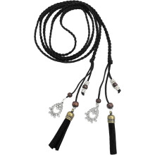Gebreide dunne PU-leren riem (zwart) met franjes en kralen, retro-accessoire voor vrouwen