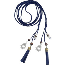 Gebreide PU leren slanke riem (marineblauw) met franjes en kralen, retro accessoire voor vrouwen