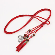 Gebreide dunne riem van PU-leer (rood) met franjes en kralen, retro-accessoire voor vrouwen
