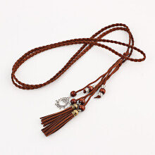 Fijn gebreide PU leren riem (koffie) met franjes en kralen, retro accessoire voor vrouwen