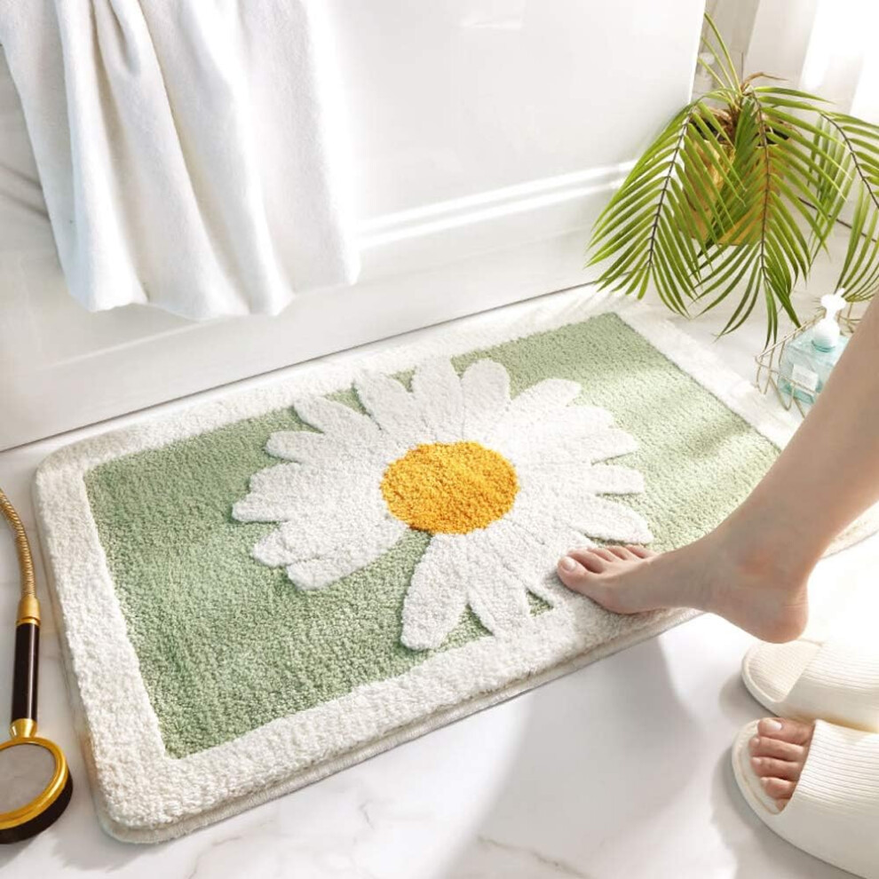 Tapis de bain antidérapant lavable vert 40 x 60 cm, paillasson, tapis de douche, tapis de baignoire avec motif marguerite