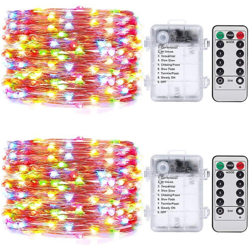 2 Pack 20m LED String Lights with 200 Multi-Color LEDs, Battery Powered and Timer Setting Remote Control, Indoor or Outdoor