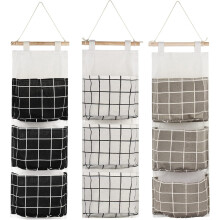 3Pcs Hanging Storage Bag with 3 Pockets(Black/Grey/White), Fabric Wall Shelf Basket Storage Pouch Organizer for Bedroom Bathroom Kitchen - Waterproof