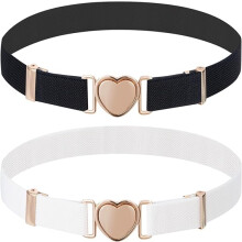 2 Pieces Kids Elastic Belt White and Black Adjustable Stretch Belt with Heart Buckle Girls Belt for School Uniforms Pants Jeans Dresses