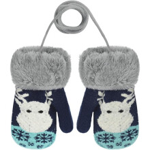 Children's Winter Gloves - Mittens - Cartoon Elch Navy Blue - Thick Gloves - Double Knitted with Plush - for Ages 0-3 - Playing, Running, Skiing