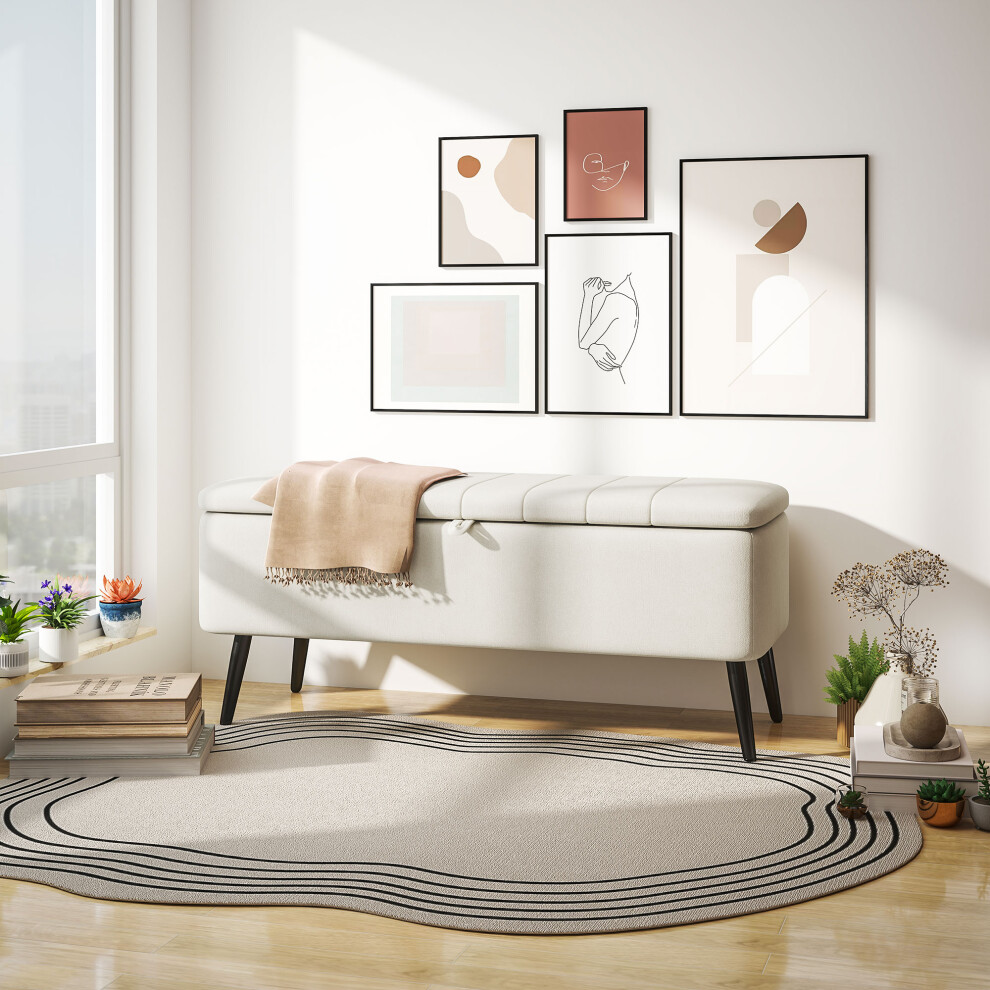 Homcom Storage Ottoman Bench, Linen Fabric Footstool With Steel Legs Cream White White,Cream