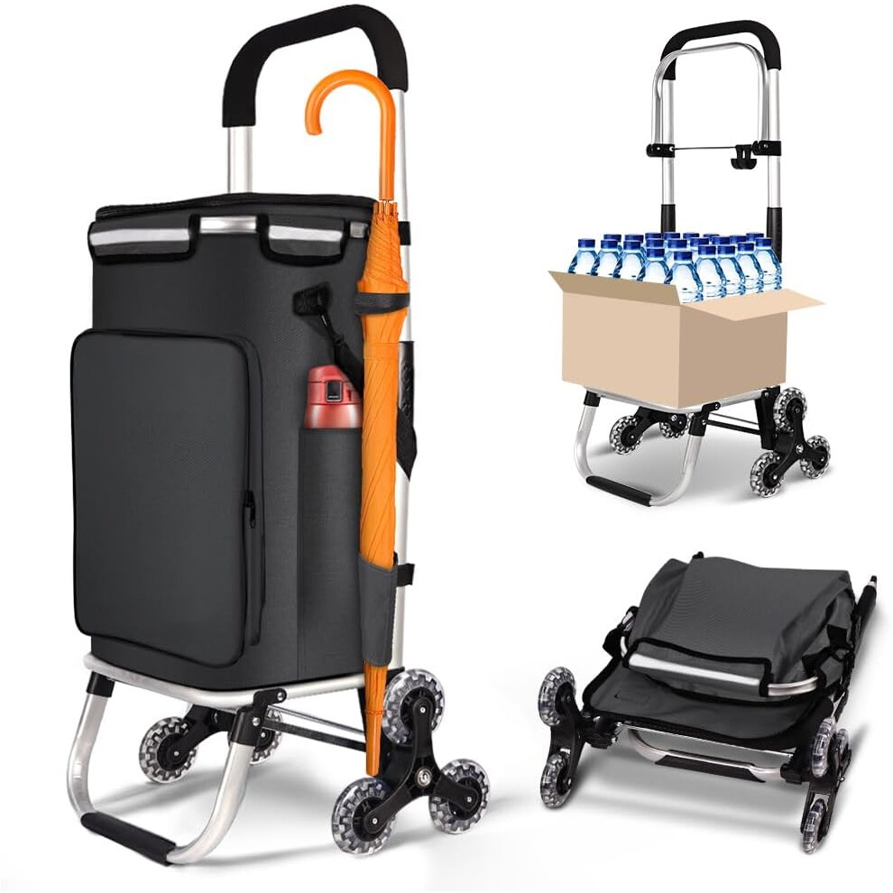 (50L, Black) 6-wheel wheels on folding shopping trolley, aluminum lightweight shopping cart, insulated cooler bag, 2 hooks, 2 side pockets