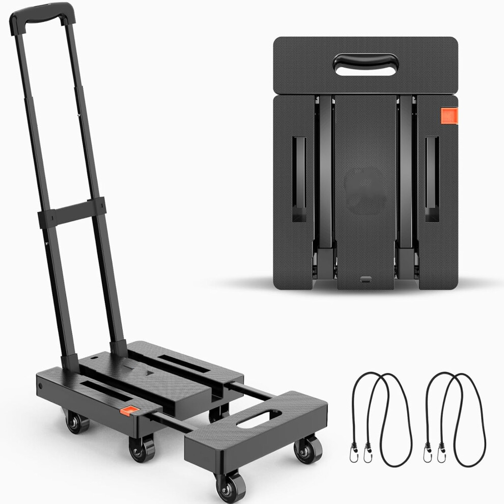 (Black) Folding Hand Truck, 6 Wheel Folding Trolley with 2 Elastic Ropes, Portable