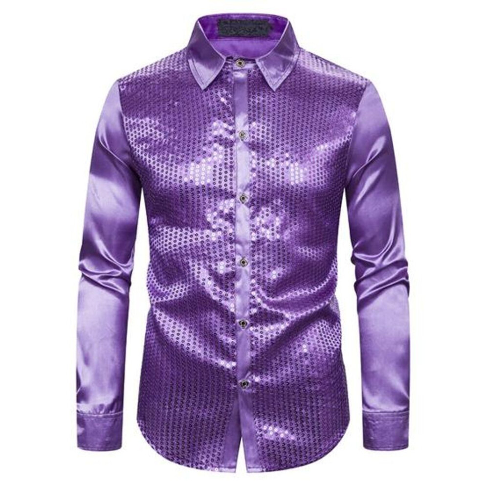 (purple, 2XL) Men Shirt Club Dance Shirt Shiny Sequin Lapel Single-breasted Slim Fit Colorful Stripe Glossy Long Sleeve Performance Men Top