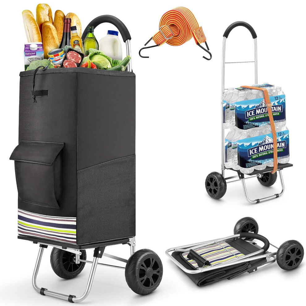 (Black) Lightweight Shopping Trolley 2 Wheels Polypropylene Stainless Steel Black Large Luggage Bag