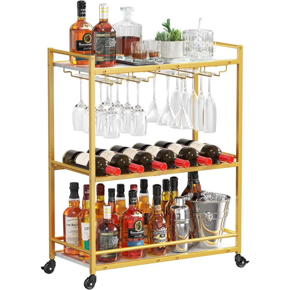 (63*30*81.5cm, Gold) 3-tier bar cart with lockable wheels, wine rack and glass rack