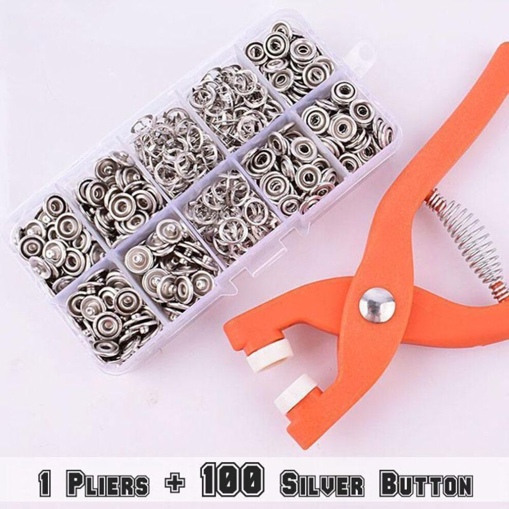 (1 Pliers&100Silver Butto) 100/50pcs Button Claw Set Metal Sewing Buttons Pressure Plier Plastic Pliers Snap Fasteners With Box