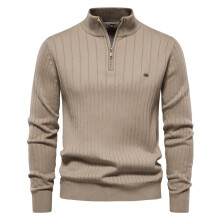(apricot, M) Men's Quarter Zip Jumpers Casual Knitted Jumper Mock Neck Polo Sweaters Golf Jumpers