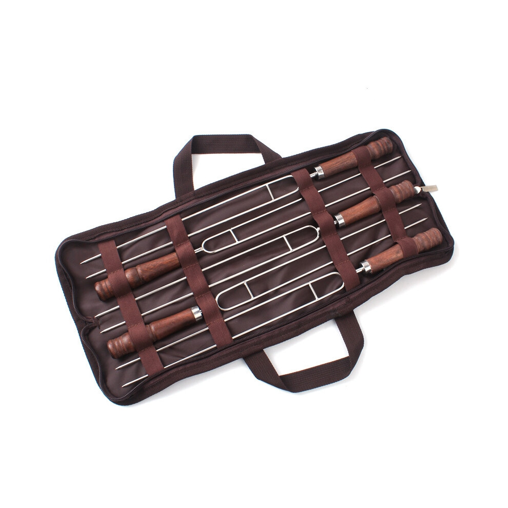 5Pcs BBQ Stainless Steel Grilled Wooden Handle U-Baked Barbecue Fork Outdoor Camping Travel Sets