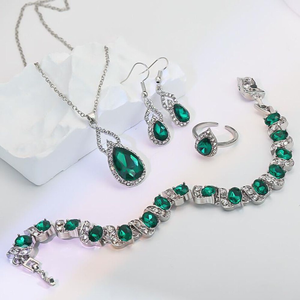 (green) "elegant Zircon Necklace, Earrings & Ring Set – High-end Light Luxury Gourd Design"