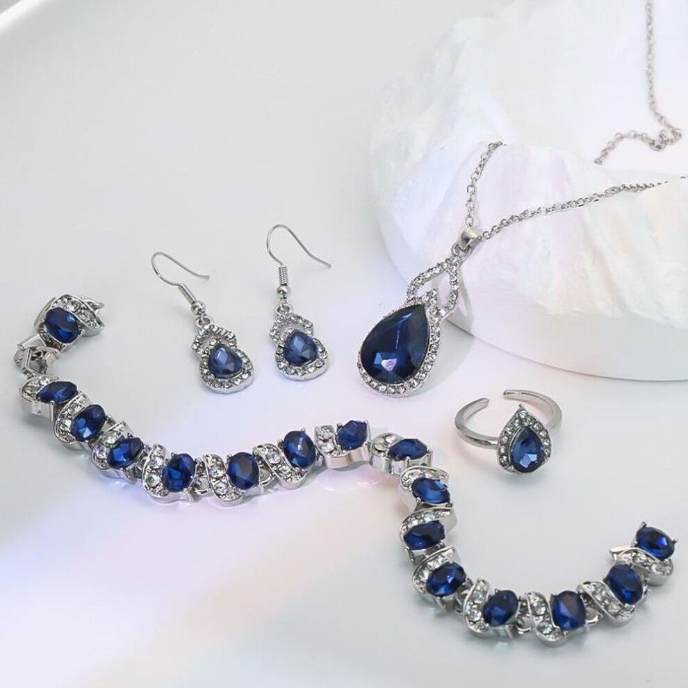 (blue) "elegant Zircon Necklace, Earrings & Ring Set – High-end Light Luxury Gourd Design"