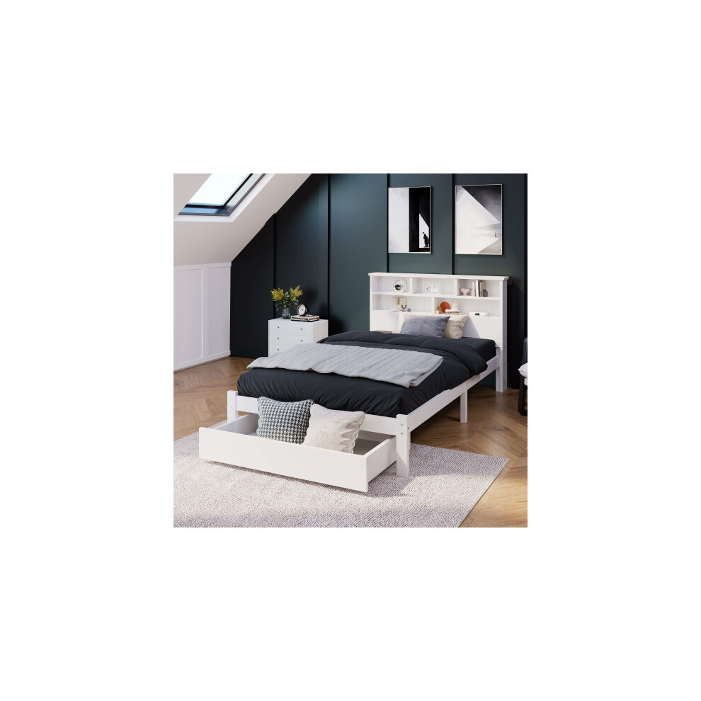 (3FT 90 x 190 cm) Bed with Shelves, White Wooden Storage Bed, Underbed Drawer（Frame Only ）