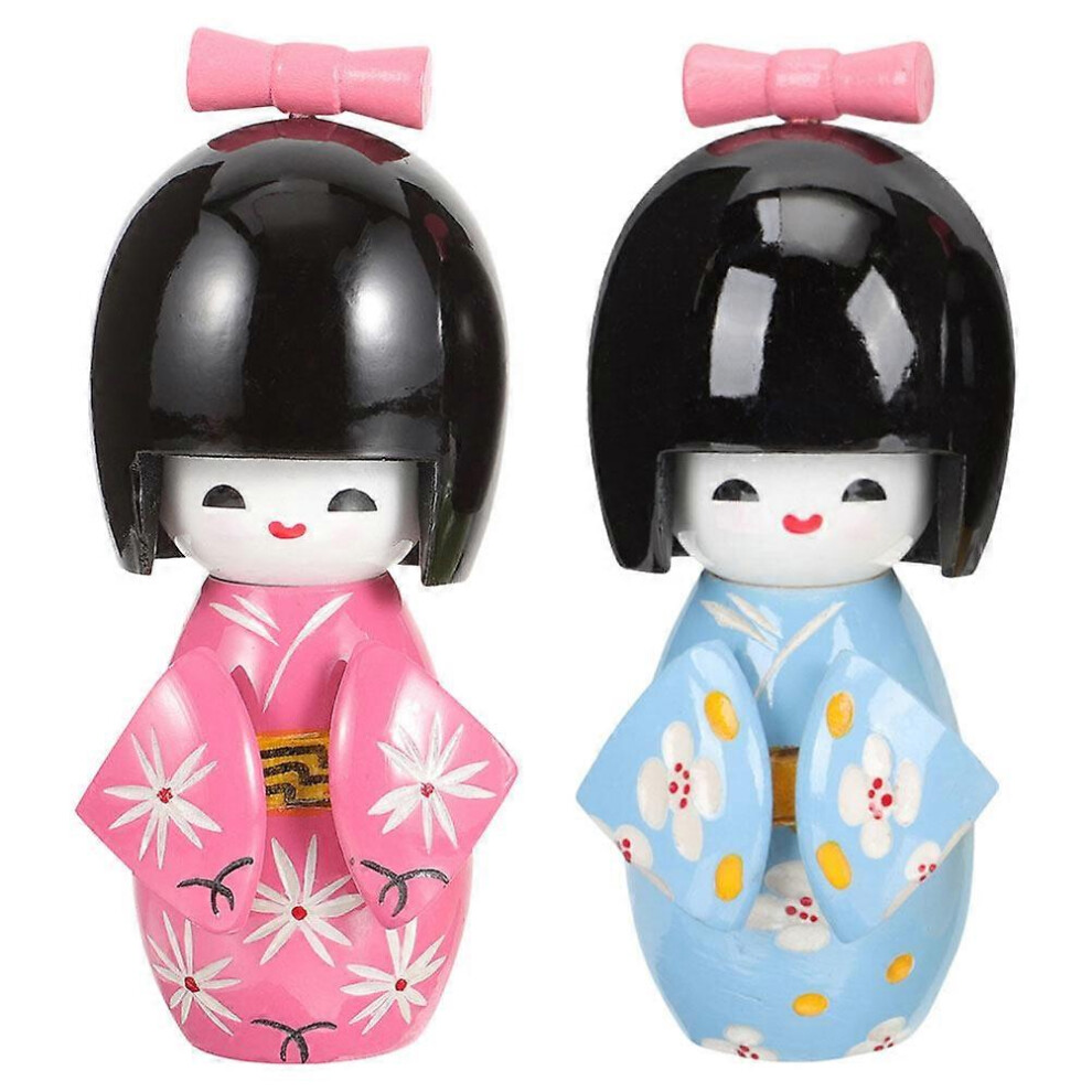 Kricely (Assorted Color 1, One Size) 2Pcs Japanese Doll Kimono Doll Cabinet Wood Japanese Figurine Japanese Restaurant Table Decor