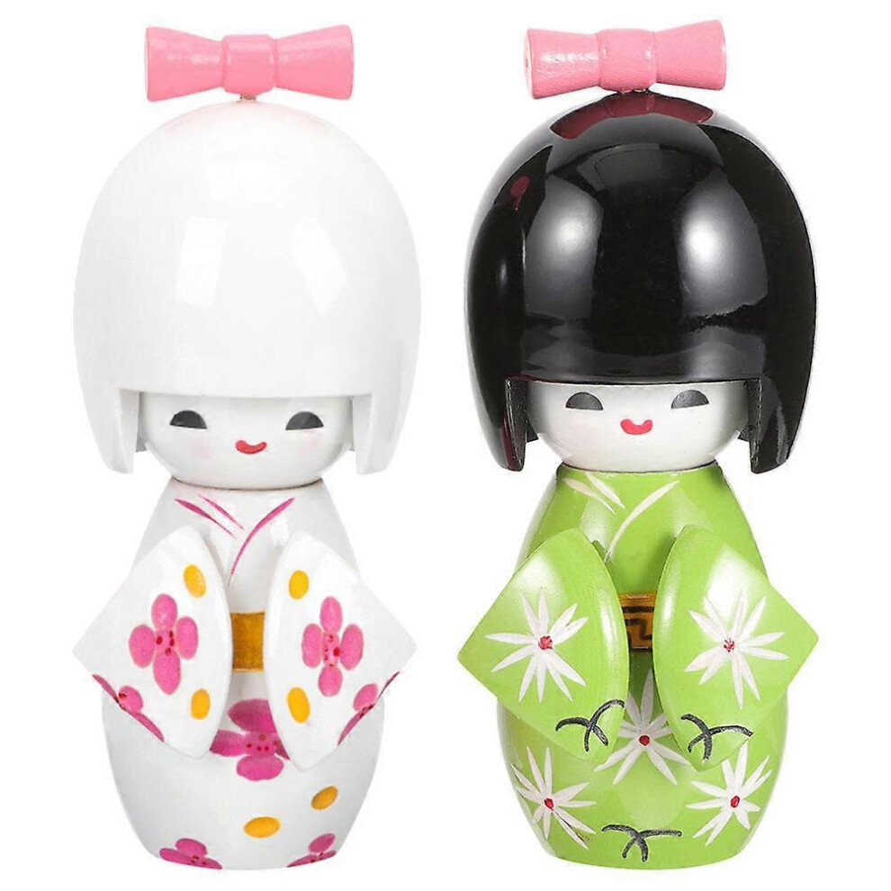 Kricely (Assorted Color, One Size) 2Pcs Japanese Doll Kimono Doll Cabinet Wood Japanese Figurine Japanese Restaurant Table Decor