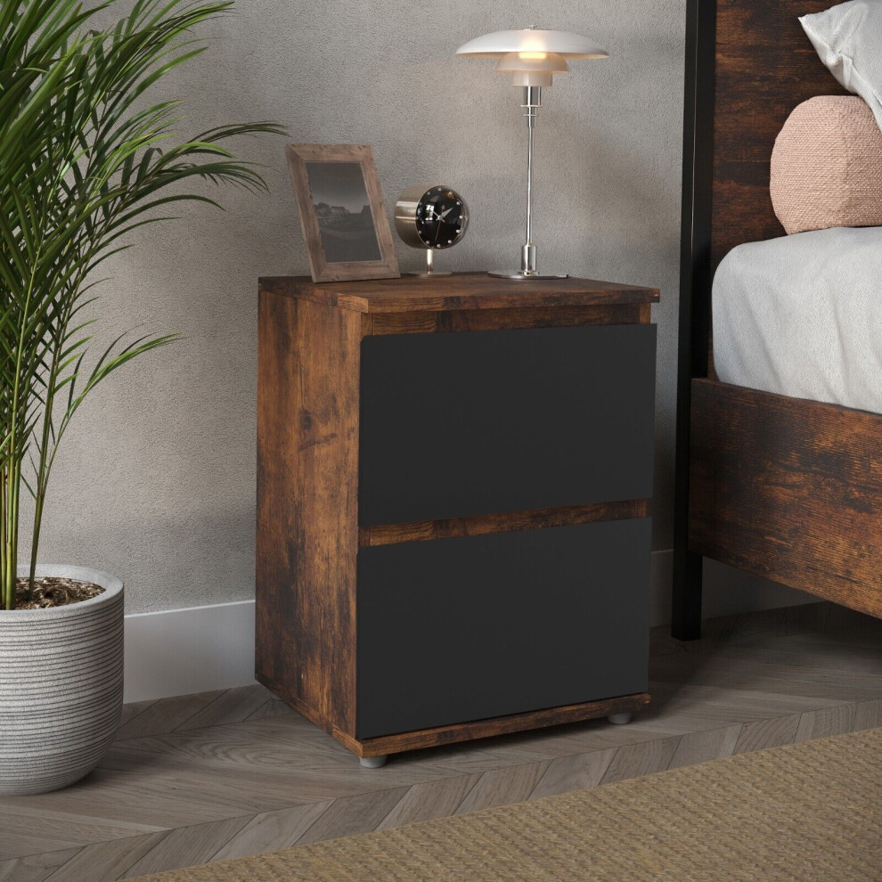 Urbn Living (Rustic Brown Carcass + Black Drawers) 2 Drawer Wooden Bedside Cabinet No Handle Drawer Storage Black,Brown