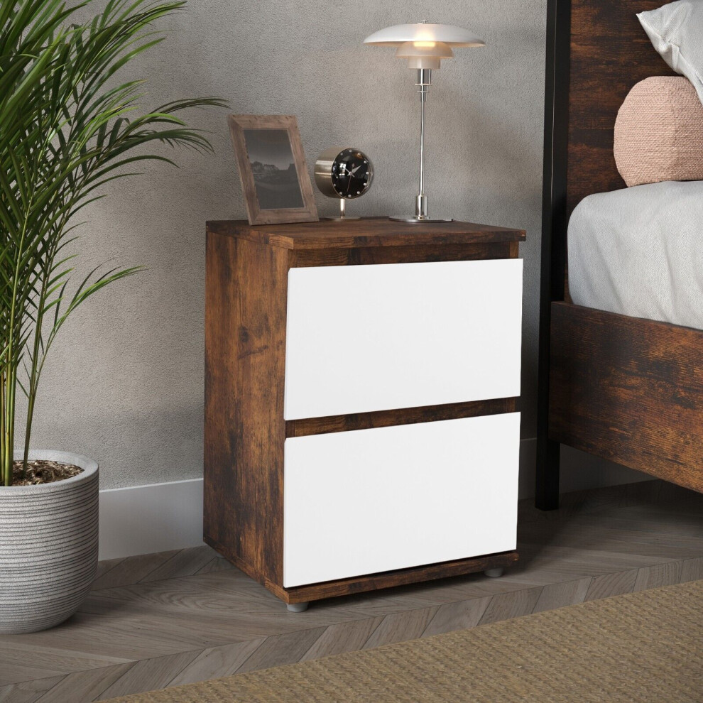 Urbn Living (Rustic Brown Carcass + White Drawers) 2 Drawer Wooden Bedside Cabinet No Handle Drawer Storage White,Brown