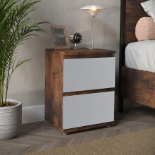 (Rustic Brown Carcass + Grey Drawers) 2 Drawer Wooden Bedside Cabinet No Handle Drawer Storage