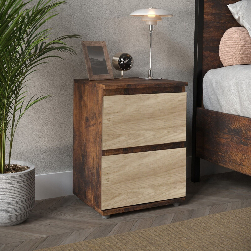 Urbn Living (Rustic Carcass + Oak Drawers) 2 Drawer Wooden Bedside Cabinet No Handle Drawer Storage Brown