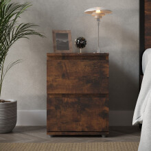 (Rustic Brown Carcass + Rustic Brown Drawers) 2 Drawer Wooden Bedside Cabinet No Handle Drawer Storage
