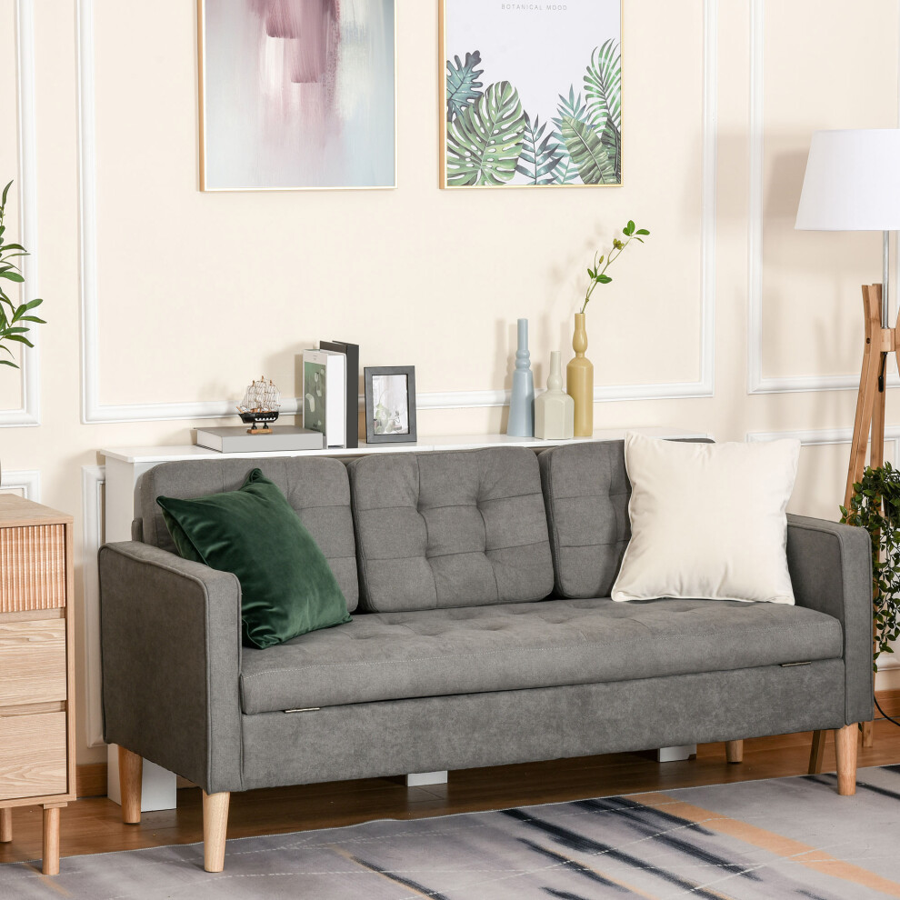 Homcom Modern 3 Seater Sofa With Hidden Storage And Rubber Wood Legs, Grey