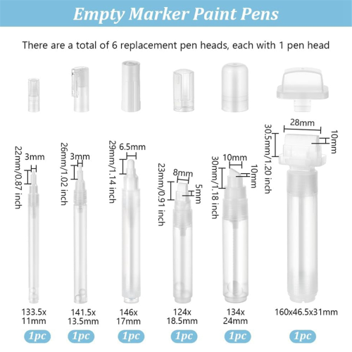 6 τμχ Graffiti Markers Set Clear Refillable Paint Marker 11/13,5/17/18,5/24/46,5mm Empty 2