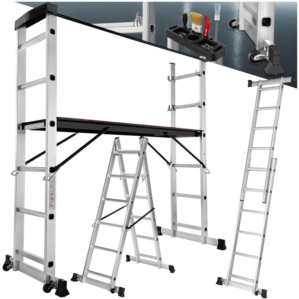 Ladder, Scaffold & Platform (3-Way) – Aluminium Multipurpose Ladder with Wheels, 150 kg, 147x40 cm Platform (401668)