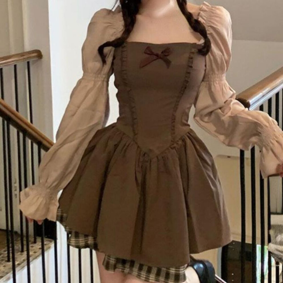 (brown, XL) Contrast Color Korean Bow Patchwork Women Dress Slim Waist Tunic Sweet Dresses Y2k Aesthetic Fashion Elegant Puff Sleeve Vestido